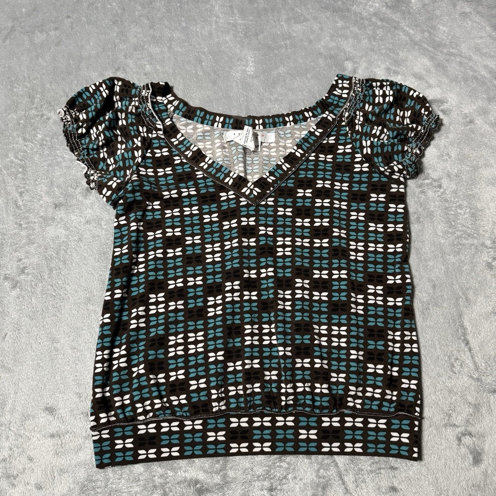 VTG Y2K‎ Puff Shoulder Studio M Geometric Print Top Size XSP Indie Retro